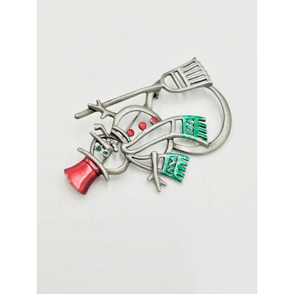 Vintage Signed JJ Snowman Christmas Holiday Brooch Pin Pewter & Enamel Red Green - Picture 4 of 8